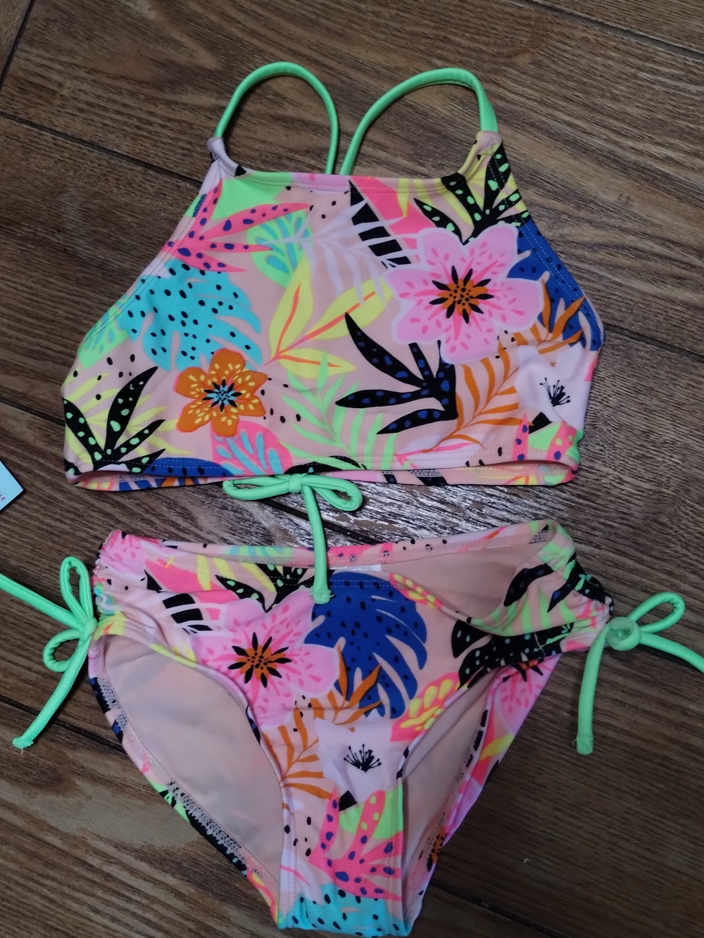 Cat & Jack Neon Floral High Neck Bikini - Pink, Blue & Lime